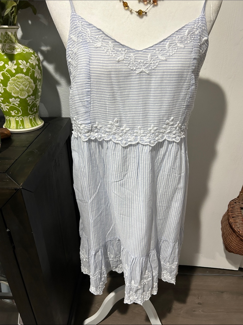 Joie Light Blue and White Striped Midi Dress with Lace Trim
